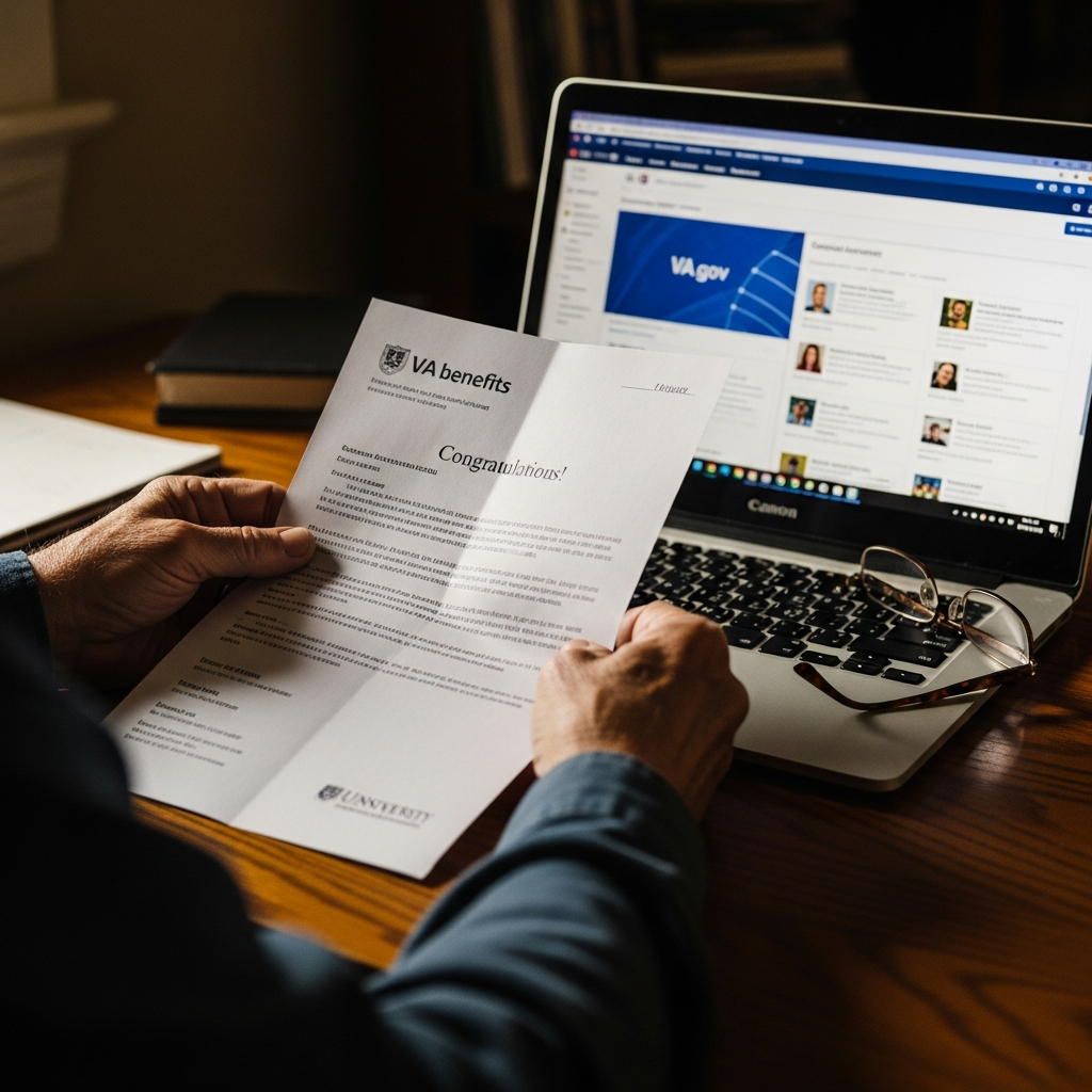 Veteran reviewing college acceptance and VA education benefits on laptop for Yellow Ribbon Program enrollment