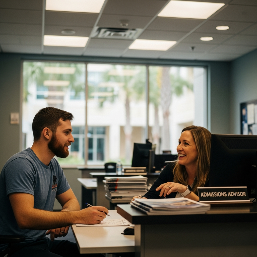 Student veteran registering for classes at Florida college admissions office