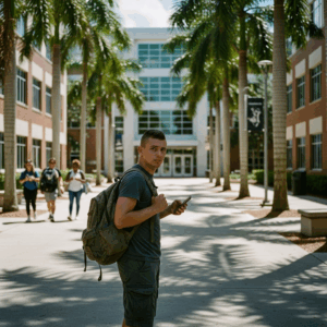 Young veteran standing outside palm tree lined Florida university campus