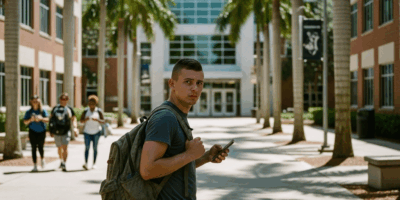 Young veteran standing outside palm tree lined Florida university campus