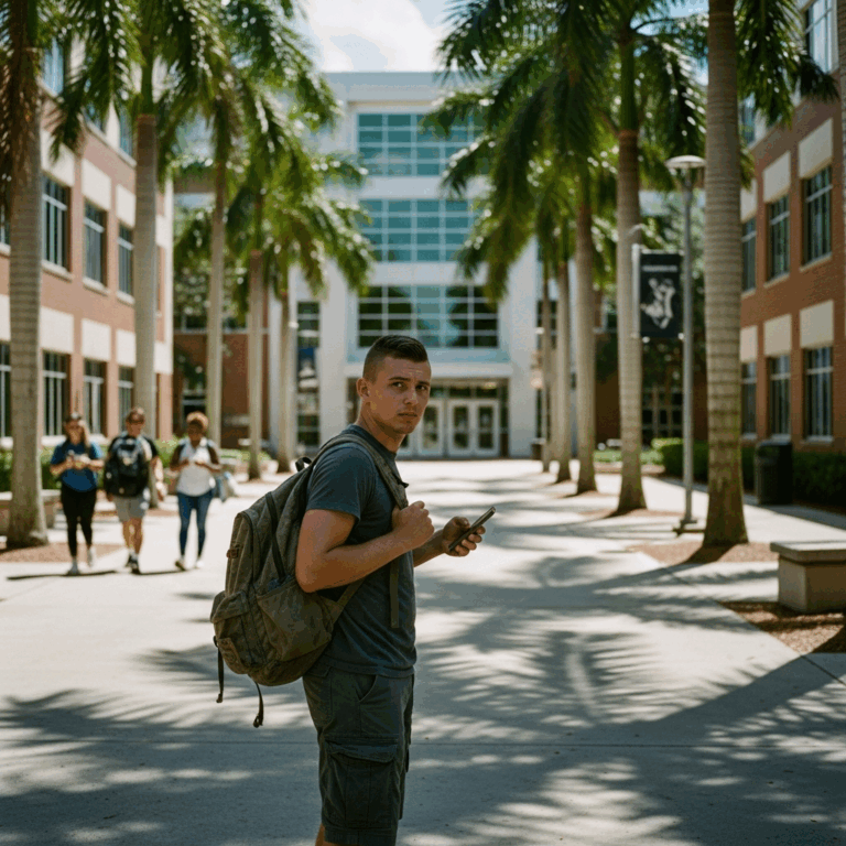 Young veteran standing outside palm tree lined Florida university campus