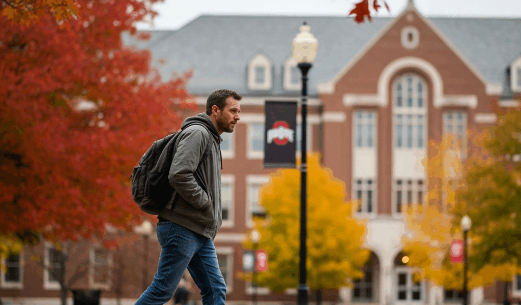 Veteran student walking across Ohio State University campus in autumn