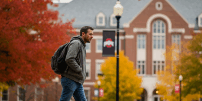 Veteran student walking across Ohio State University campus in autumn