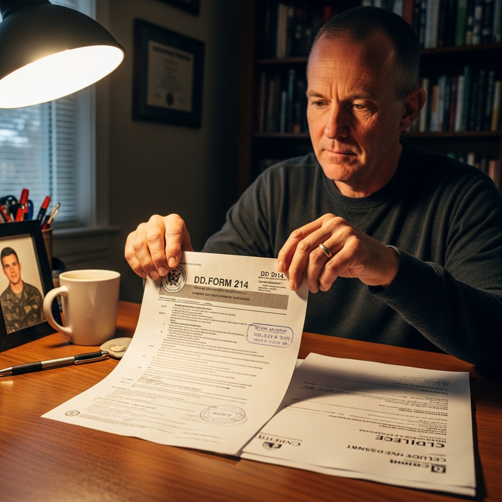 Veteran reviewing DD-214 discharge document and college enrollment papers at desk