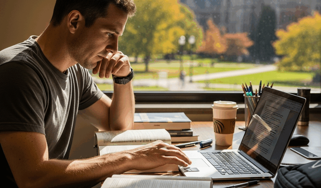 veteran student in casual clothes studying at a college libr 20260331 094939