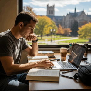 veteran student in casual clothes studying at a college libr 20260331 094939