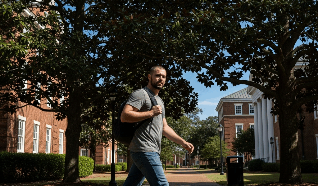 veteran student in casual clothes walking through a college 20260326 072508