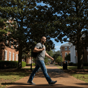 veteran student in casual clothes walking through a college 20260326 072508