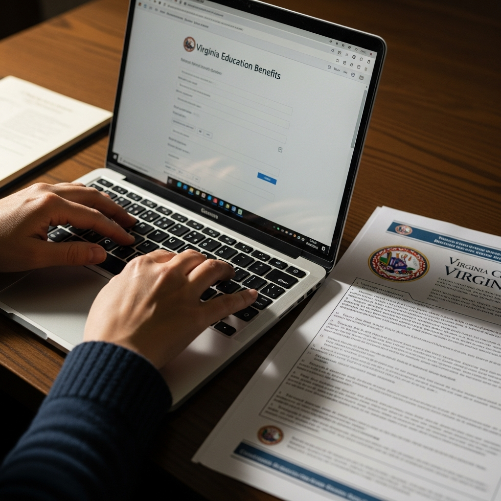 Person completing Virginia VMSDEP education benefit application on computer
