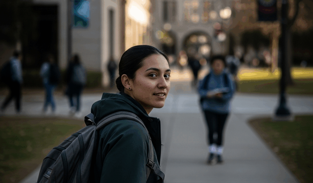 Military family at college campus veteran student with backpack university setting
