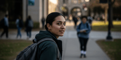 Military family at college campus veteran student with backpack university setting