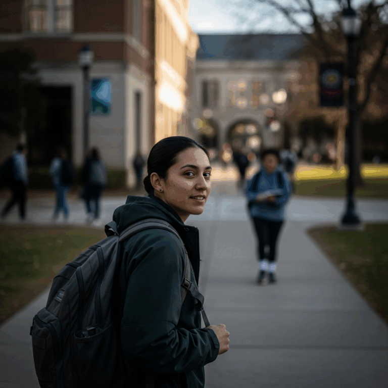 Military family at college campus veteran student with backpack university setting