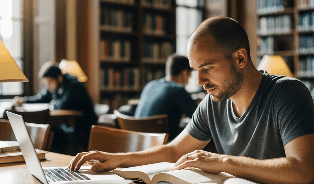 Veteran student studying in university library GI Bill education campus life