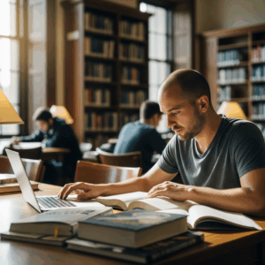 Veteran student studying in university library GI Bill education campus life