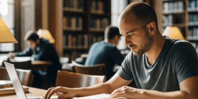 Veteran student studying in university library GI Bill education campus life